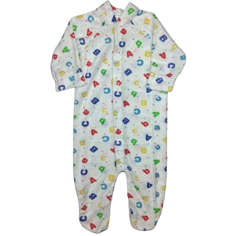 Vtg Small Steps White Baby 0 3 Mos Alphabet Sleeper 1pc Outfit Terry Cloth A B C